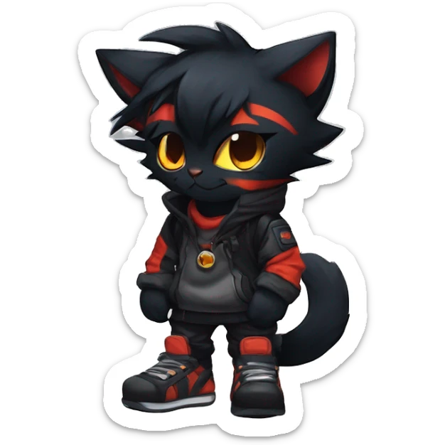 Edgy Shy Anthro boyish cool pretty dark black Litten-Pokémon-cat-fursona techwear sticker