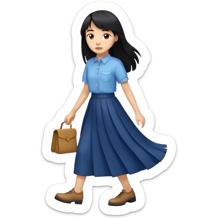 hair : black long hair with fringe 
skin : light 
cloth : oversize light blue shirt + navy long long skirt 
motion : walking 
carry: just hand sticker