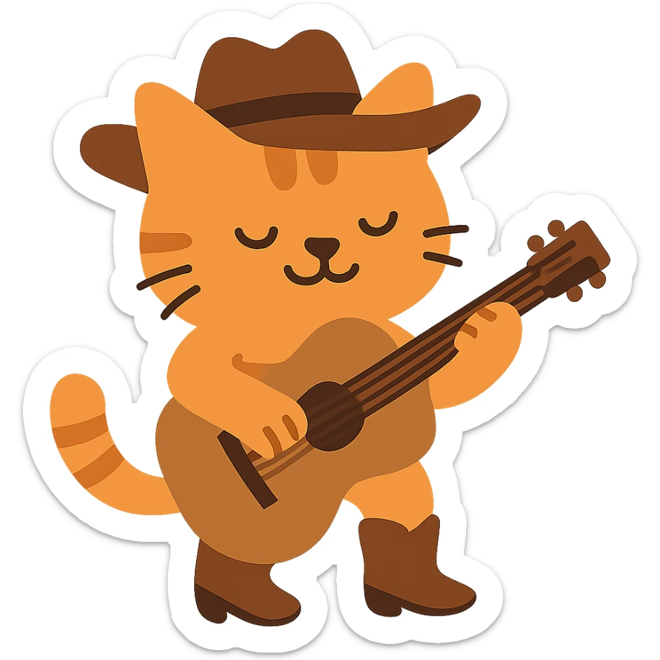 flat toon orange cowboy cat with cowboy boots strumming an acoustic guitar sticker