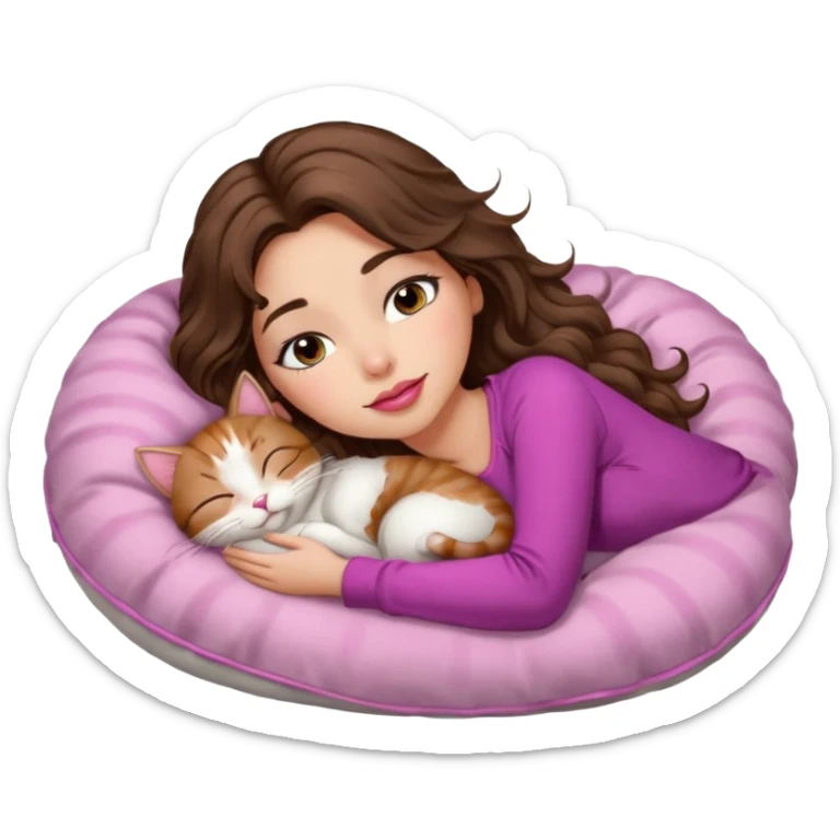 girl with long wavy brown hair, brown eyes, long lashes makeup, sexy pink lips, light to medium complexion,  sleeping on a cozy pillow, with 6 cats, sleeping sticker