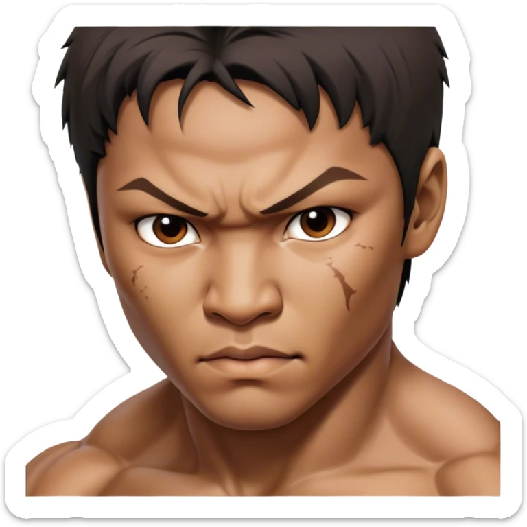 ​Cinematic Realistic Portrait of Tony Jaa, a close-up depiction capturing his intense, determined expression and finely detailed features, rendered with dramatic natural lighting that emphasizes his rugged athleticism and unmistakable martial arts presence, sticker