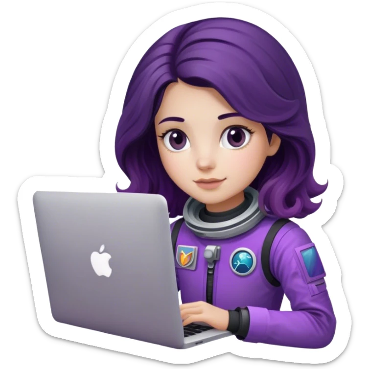 girl astronaut with purple suit, long ombre black/brown wavy hair and one macbook sticker