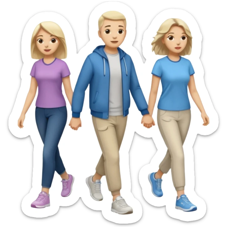 iOS emoji style - a men and 2 women in casual clothes and wearing trainers. Walking in the same direction quickly together. 
Not holding hands. No backpacks. 
 sticker