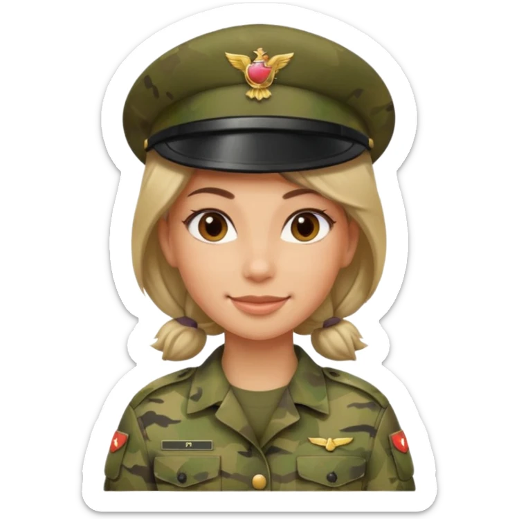 Female soldier emoji in Apple style, no cap/helmet, bust portrait, gentle smile, generic camo, hair visible, soft gradients sticker