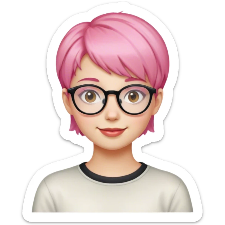 women with short hair, the color is pink, use glasses, have an apple cheeck, have eye smile, cute, the age is 20 years old sticker