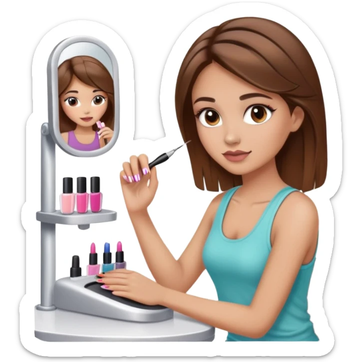 Girl with brown hair and light brown highlights with makeup and has a cute tank top on getting her nails done  sticker