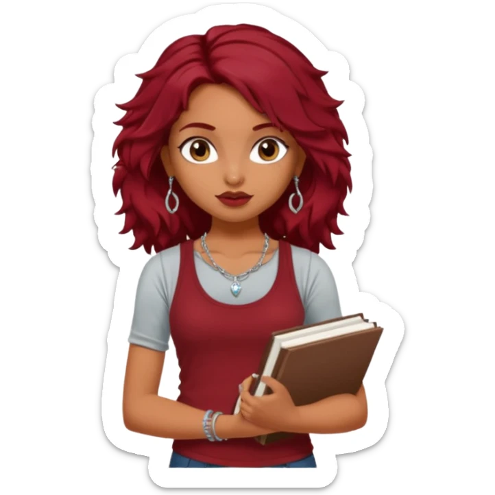 a pretty tan indian bratz girl with messy dark wavyred hair, wearing a dark red tank top, layered silver necklaces. Carrying multiple sketchbooks sticker