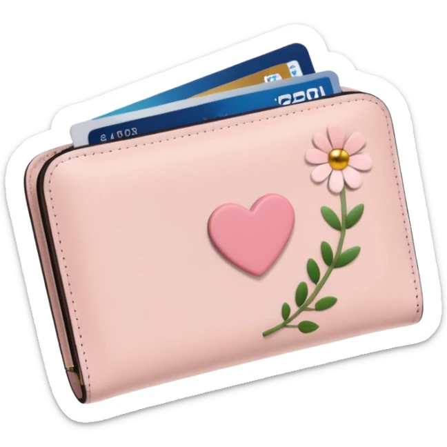 Pale Pink cute Wallet with heart charm, credit cards inside and flowers growing from it, clean aesthetic sticker