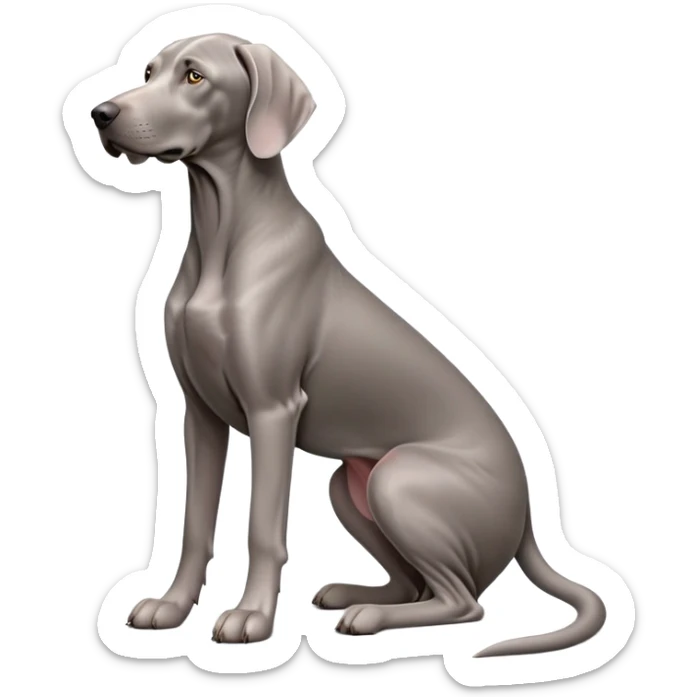 cinematic-[weimaraner-realistic-full-body-sitting-emoji,-tail-resting-loosely-beside-its-paws,-head-tilted-dramatically, -sleek-[grey]-fur,-simplified-yet-realistic-focused-features,-highly-detailed,-glowing-with-an-almost-sarcastic-glow sticker