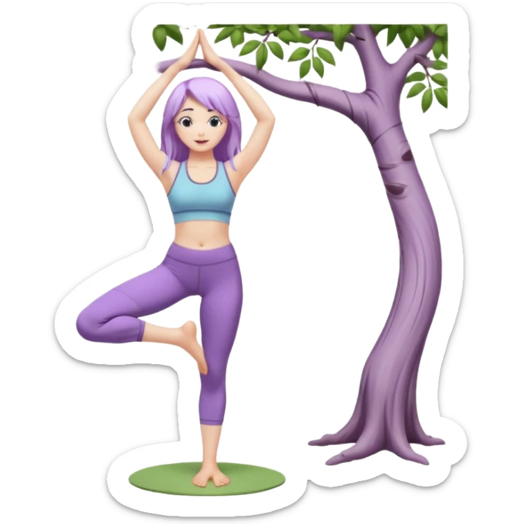 Девушка белокожая, с длинными светло-фиолетовыми волосами, в одежде для йоги, стоит в позе дерева на одной ноге, вторая нога согнута, руки вверху ладонь к ладони, в стиле бимбо пилатес, правильные пропорции, без дерева sticker