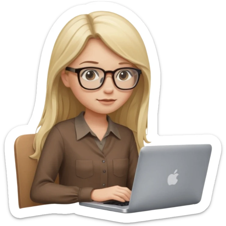 Girl in glasses, blonde long hair, sitting, brown blouse, typing on gray MacBook sticker