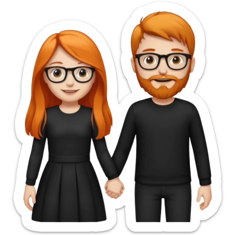 girl with long orange hair wearing no glasses and all black clothes and holding hands with boy with dark hair and beard and glasses and pale skin sticker