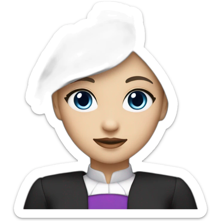 a girl with long straight white hair and purple at the ends,blue eyes and a small heart on the left cheek black dress with a collar roll black sticker