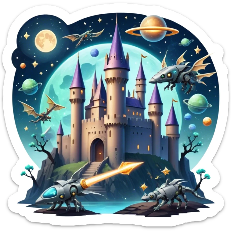 Icon for Fantasy and Sci-Fi Movies: A magical collage with flying dragons. futuristic spaceships and UFOs. Stars and planets shimmer in the background with a mystical castle Hogvards an ancient wizard and robots. The atmosphere is epic, otherworldly and adventurous. Transparent background. sticker