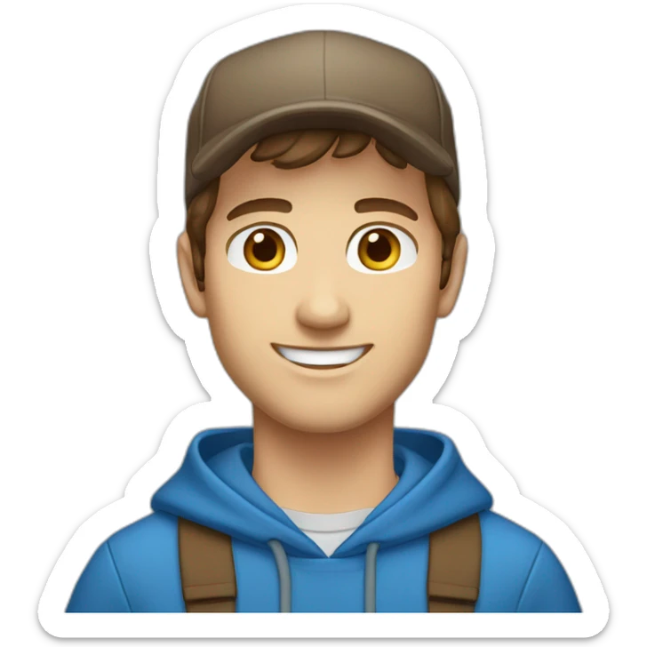 caucasian, male, brown hair, brown eyes, cap, smiling, blue hoodie sticker