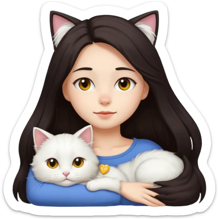 a girl with long dark hair and a white fluffy cat lying on her left shoulder and neck, emoji style, suitable for Discord and Slack sharing sticker