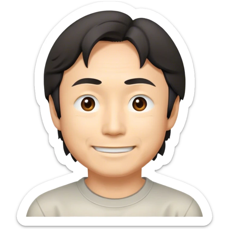 ​Cinematic Realistic Portrait of a Smiling Shigeru Miyamoto, depicted with warm, approachable features, showing a giant smile with expressive eyes, set against a subtle backdrop, inviting lighting that captures his innovative spirit sticker