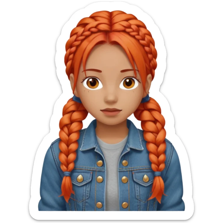 red orange braids hair girl, wear jean jacket sticker