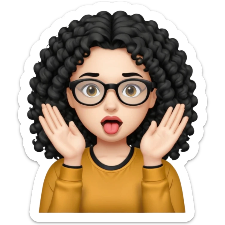 girl with doe eyes a small nose and big lips with black Long curly hair and wearing a gray compression shirt black sweatpants and black glasses sticking her tounge out with both hands flipping off sticker