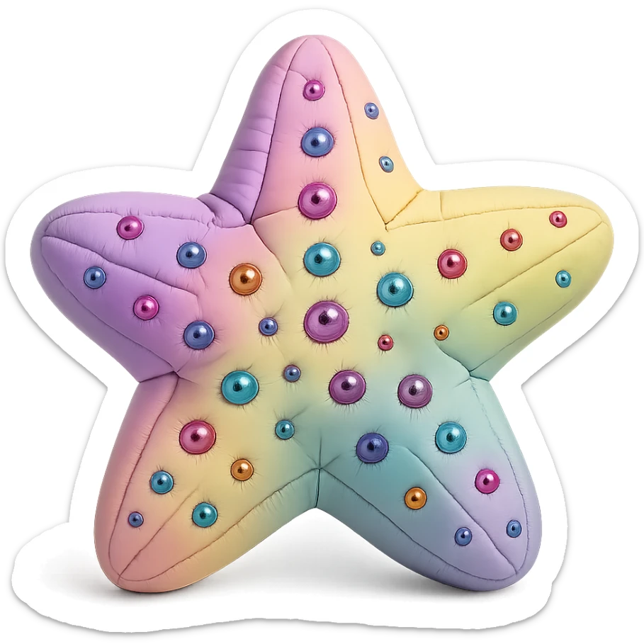 sea star, pastel rainbow colors, heavily bedazzled with gems, soft 3D plush look sticker