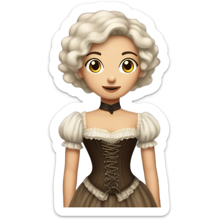 a light girl with straight and loose dark brown hair standing with her back tied an old corset on a fluffy dress sticker
