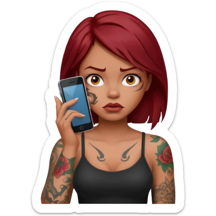 generate a girl with dark red hair, tattoos, short black hair calling on the mobile phone. Looking mad sticker