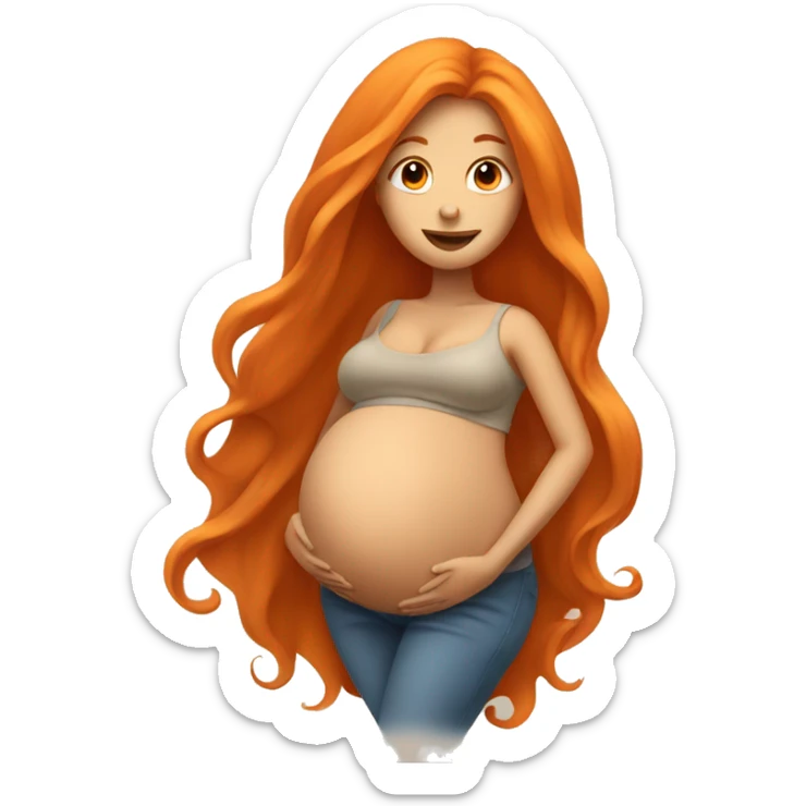 Tan girl with long orange hair holding pregnant stomach sticker