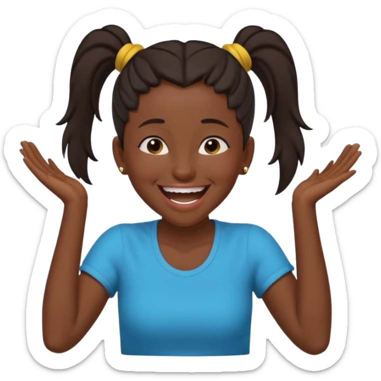 Baiza Ethiopian, dark hair Oldest but immature, no filter, funny Pose: laughing wildly, arms flailing age 21, hair in pony tail sticker