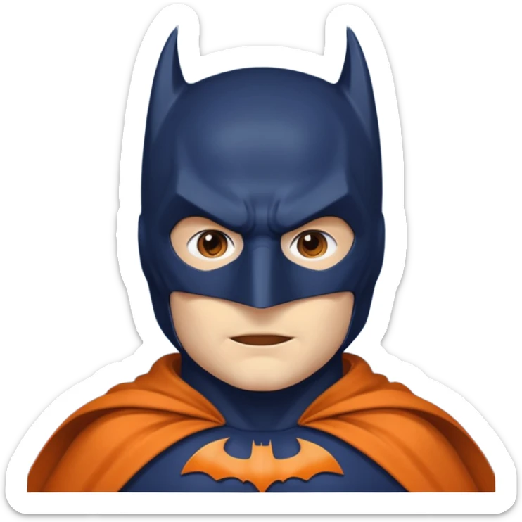 generate a batman emoji with just the face and neck showing and part of the cloak and and wings. Shade the mask in dark navy blue.  Shade the cloak in a solid vibrant orange. Shade the bat logo in a bright medium olive green. sticker