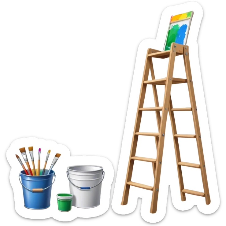 Wall painting icon, wall with an unfinished painting, no frame, a beautiful mural in progress, visible paintbrushes, rollers, and a bucket of paint, wooden ladder beside, minimalistic style, clean lines, transparent background. sticker