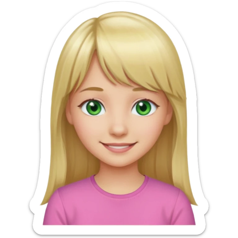 Menina branca de cabelo loiro longo de franja na testa sorrindo blusa rosa olho verde sticker