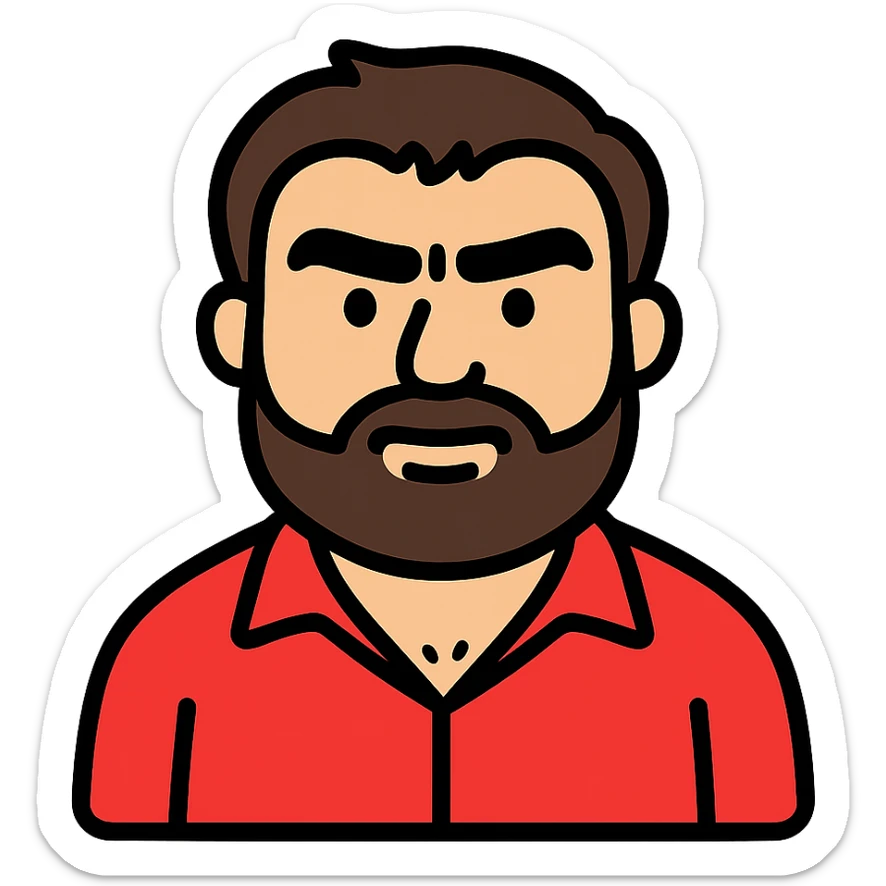 Recep İvedik, signature red shirt, thick eyebrows, beard, cartoonish, color outline icon style sticker