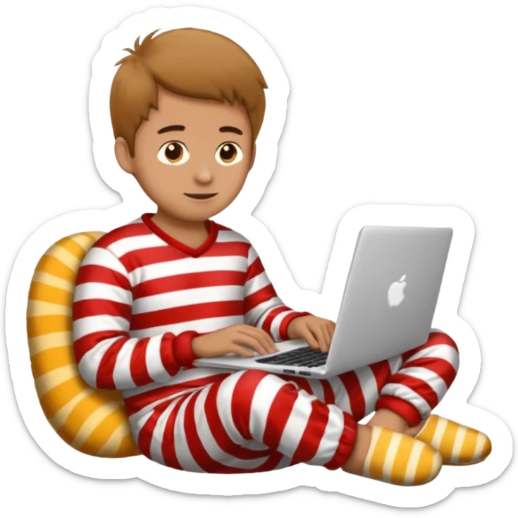 man in striped pajamas and fuzzy slippers typing on a laptop, emoji style sticker