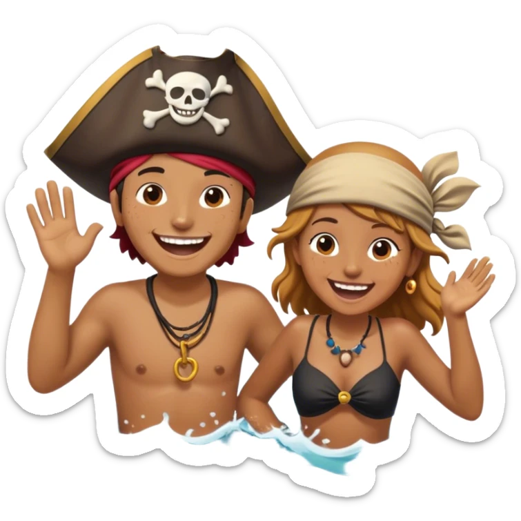 A person splashing in the ocean, laughing with a warm friend beside them. They’re playfully pretending to be pirates, fully immersed in the fun. The sun glows above, and the waves crash around them, symbolizing the joy of being present, creating fun, and appreciating the moment with the people  sticker