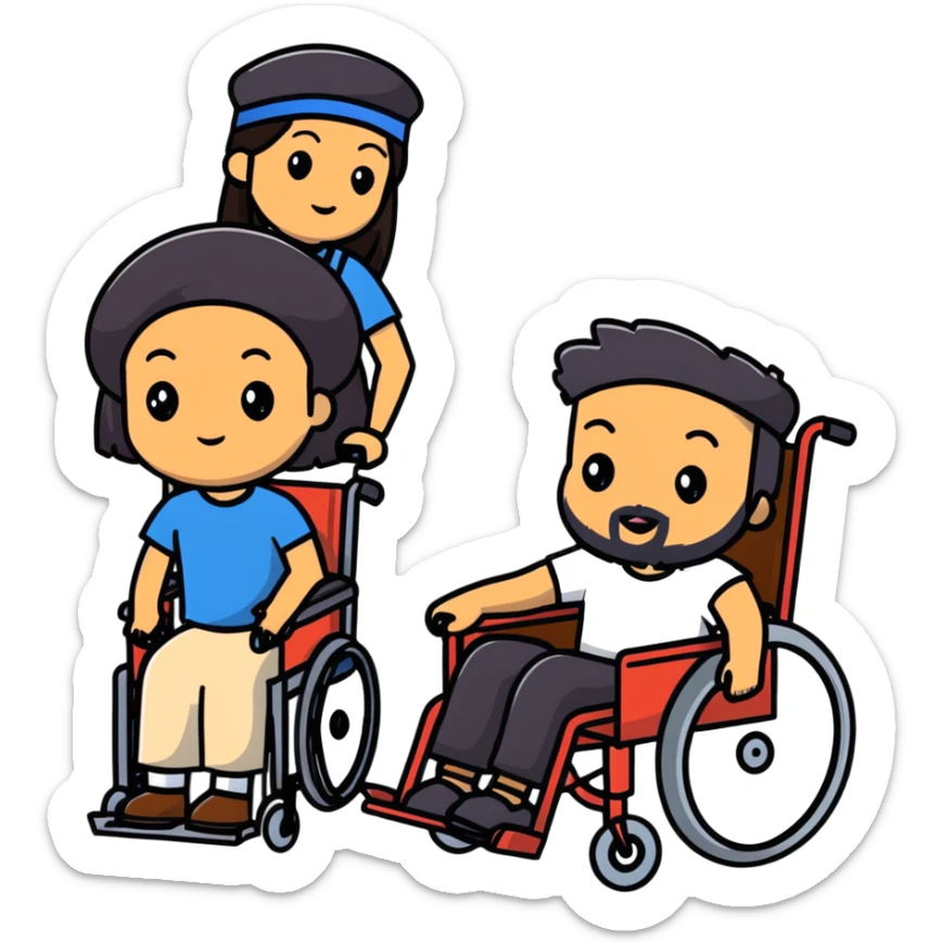 Beige skin man with a beard and cap in a wheelchair sitting next to a brown skin woman with long black hair in a wheelchair  sticker