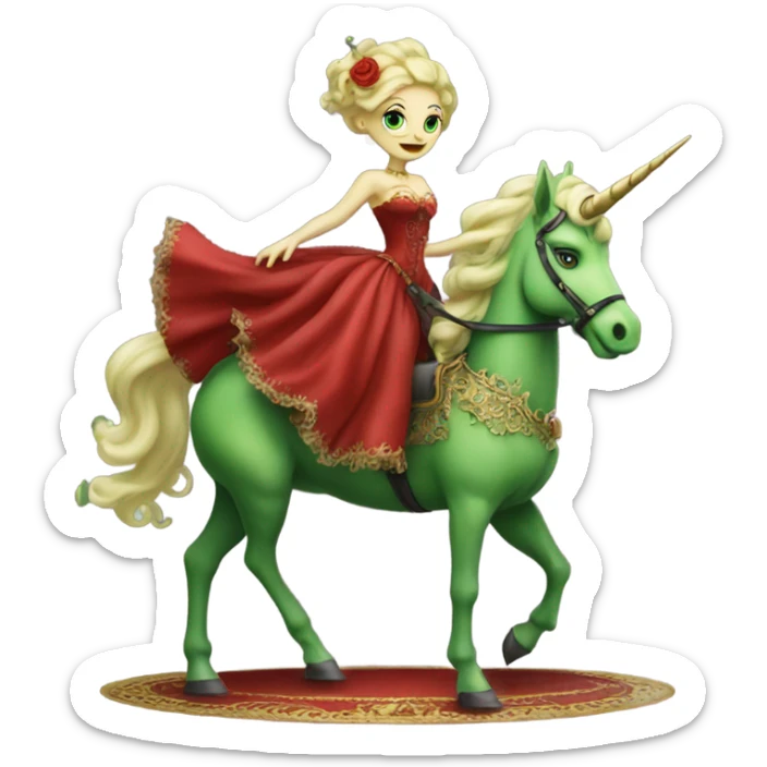 "galora green blonde alien woman" in red Victorian elegant dress, full body, rides unicorn gold
NO WOKE
 sticker