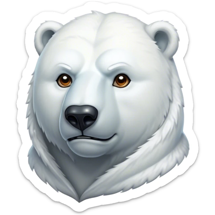 Cinematic Noble Polar Bear Portrait Emoji, Poised and regal, with a strong, muscular build cloaked in thick, snowy fur and piercing, determined eyes, Simplified yet sharp and sophisticated features, highly detailed, glowing with a soft, dignified polar glow, high shine, intelligent and majestic, stylized with an air of arctic authority, focused and commanding, soft glowing outline, capturing the essence of a watchful and confident guardian that feels as though it could step out of the screen with effortless authority! sticker