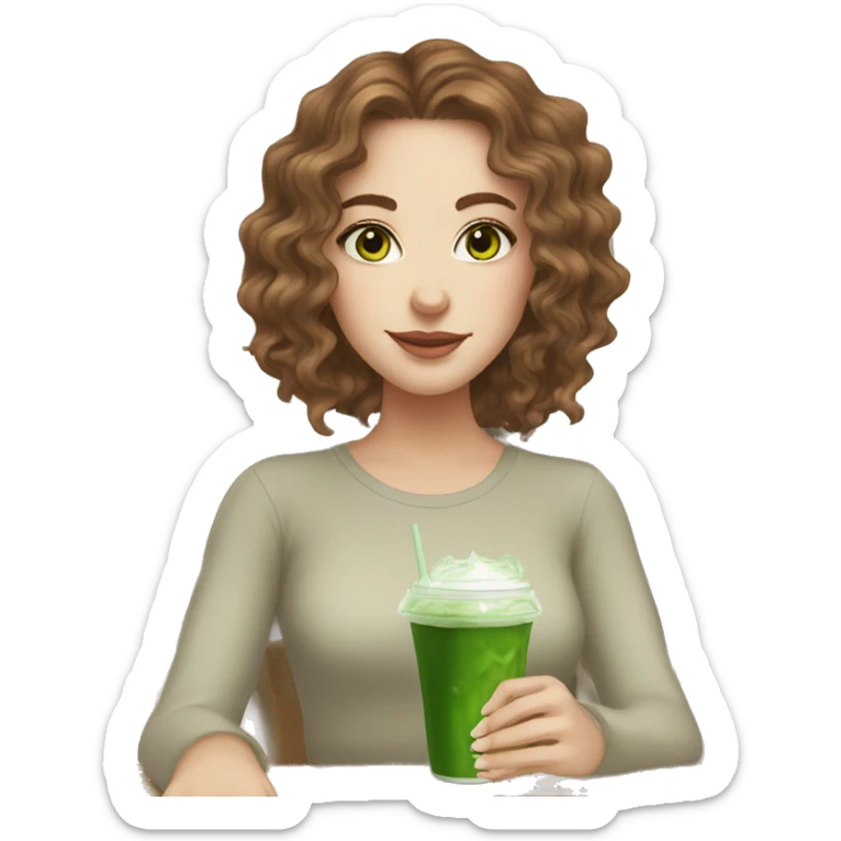 White girl with brown wavy hair drinking iced matcha latte with green eyes sticker