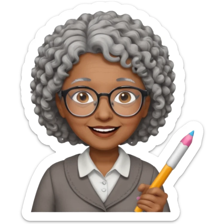 old woman teacher, brown skin, curly grey hai, wearing glasses, hold chalk on hand sticker