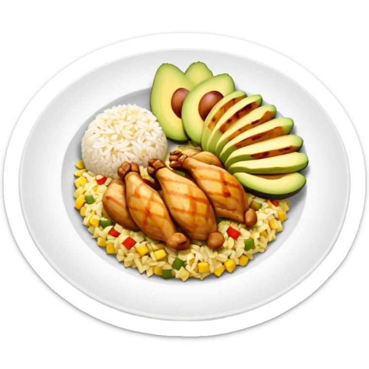 plato con pollo asado en tiras, arroz blanco, rodajas de aguacate y maíz amarillo, vista desde arriba, fondo blanco, estilo simple. sticker