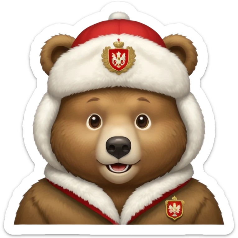 Russian brown bear wearing a white furry ushanka hat with Russian coat of arms emblem in the center, front view, iOS emoji style sticker
