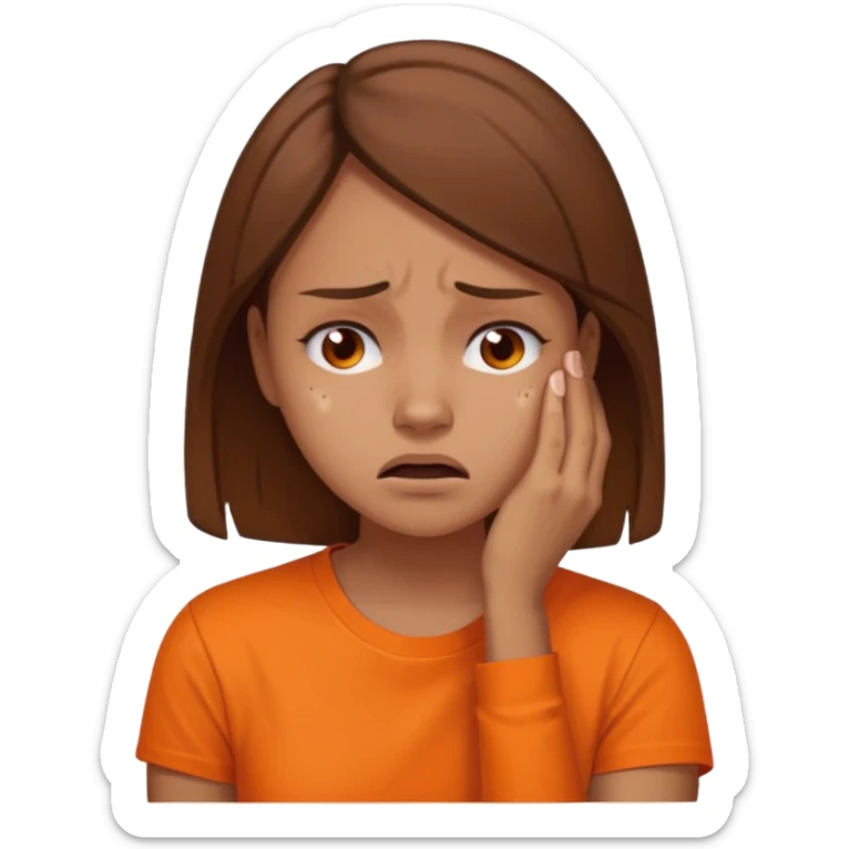 25 year old woman in orange shirt, she looks like she is in pain. She has brown hair sticker