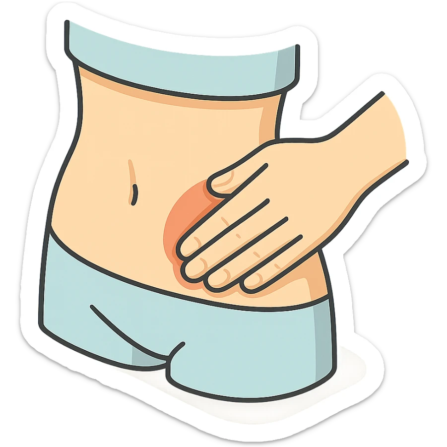 close-up detailed illustration of a human abdomen being palpated by fingers, with shadows and highlights, 2D isometric style, soft rounded shapes, clean contours, pastel palette, modern illustration, transparent background sticker