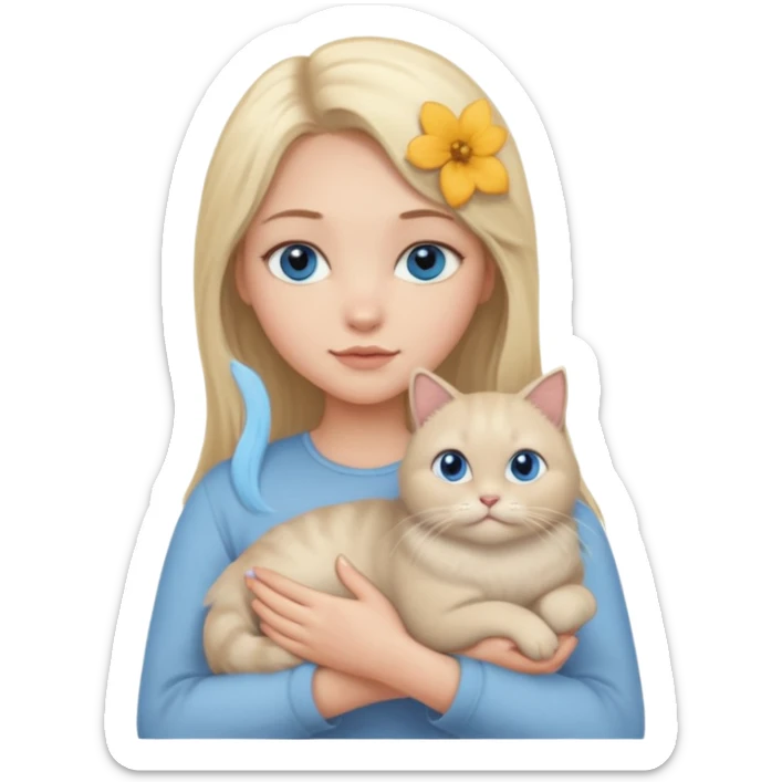blonde girl with long blonde hair and blue eyes with chubby gray cat sticker