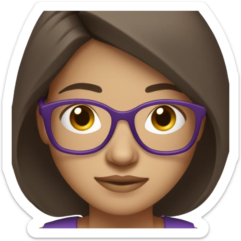 A 22-year-old woman with fair skin, dark brown hair, and glasses with purple frames, working on a compute sticker