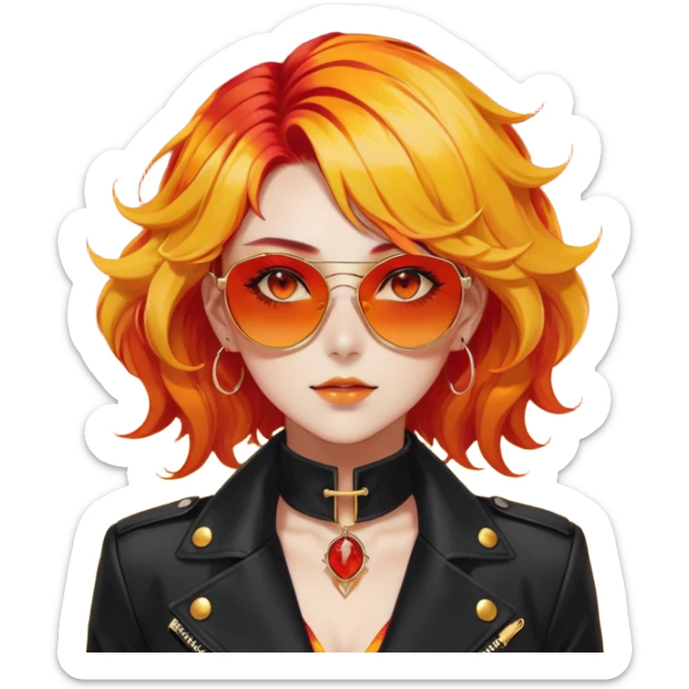 Beautiful gorgeous anime lady with beautiful fiery fiery-warm-red-orange-yellow-gradient-wavy-special-hair, fashion aesthetic, black sunglasses, accessories, gold jewelries, gold, ears, red-and-yellow sunny-pattern-eyes, black suit, biker-woman  sticker