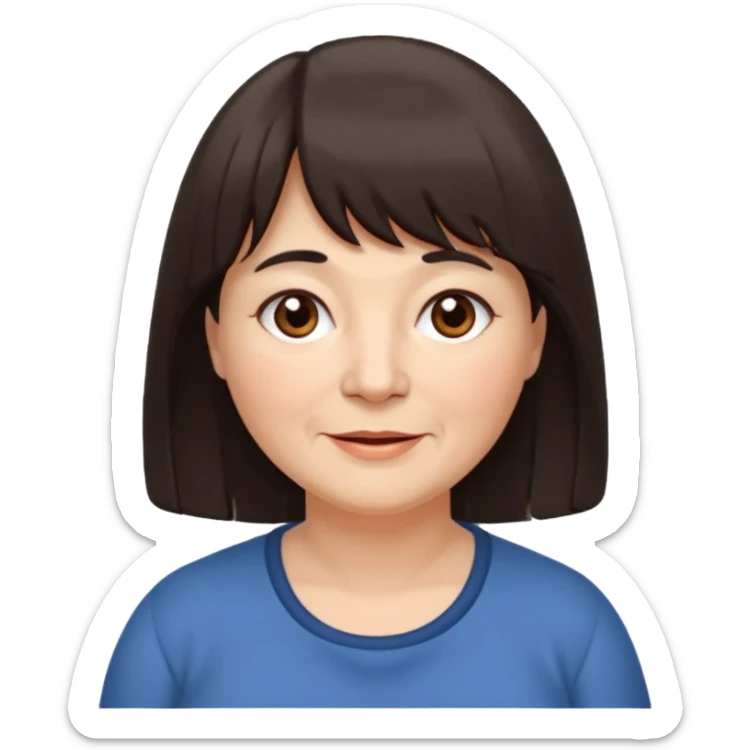 60 yr old woman, long hair to waist, very small brown eyes, long hair, straight dark brown hair, bangs, chubby, long face, very tired but happy sticker