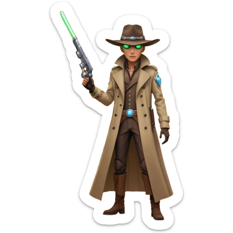 A tall alien cowboy standing in a dusty desert on an alien planet, wearing a futuristic cowboy hat and long trench coat, glowing eyes, twin plasma revolvers on his belt, dramatic sunset, cinematic lighting, ultra realistic, high detail, epic sci-fi western atmosphere

 sticker