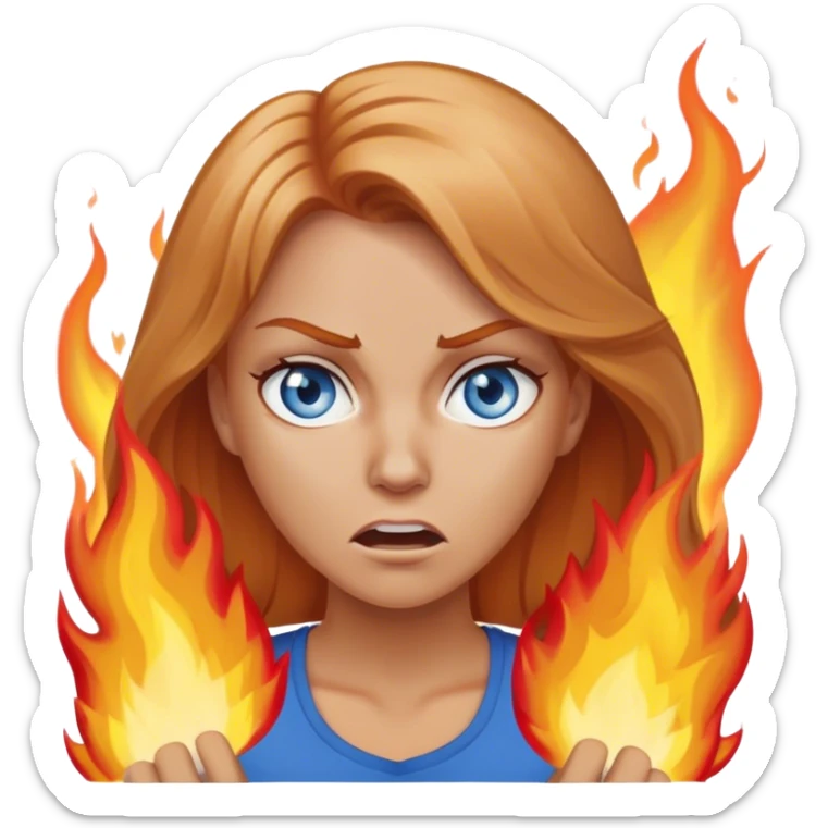 white woman with below shoulder length strawberry blond hair and blue eyes angrily setting fires sticker