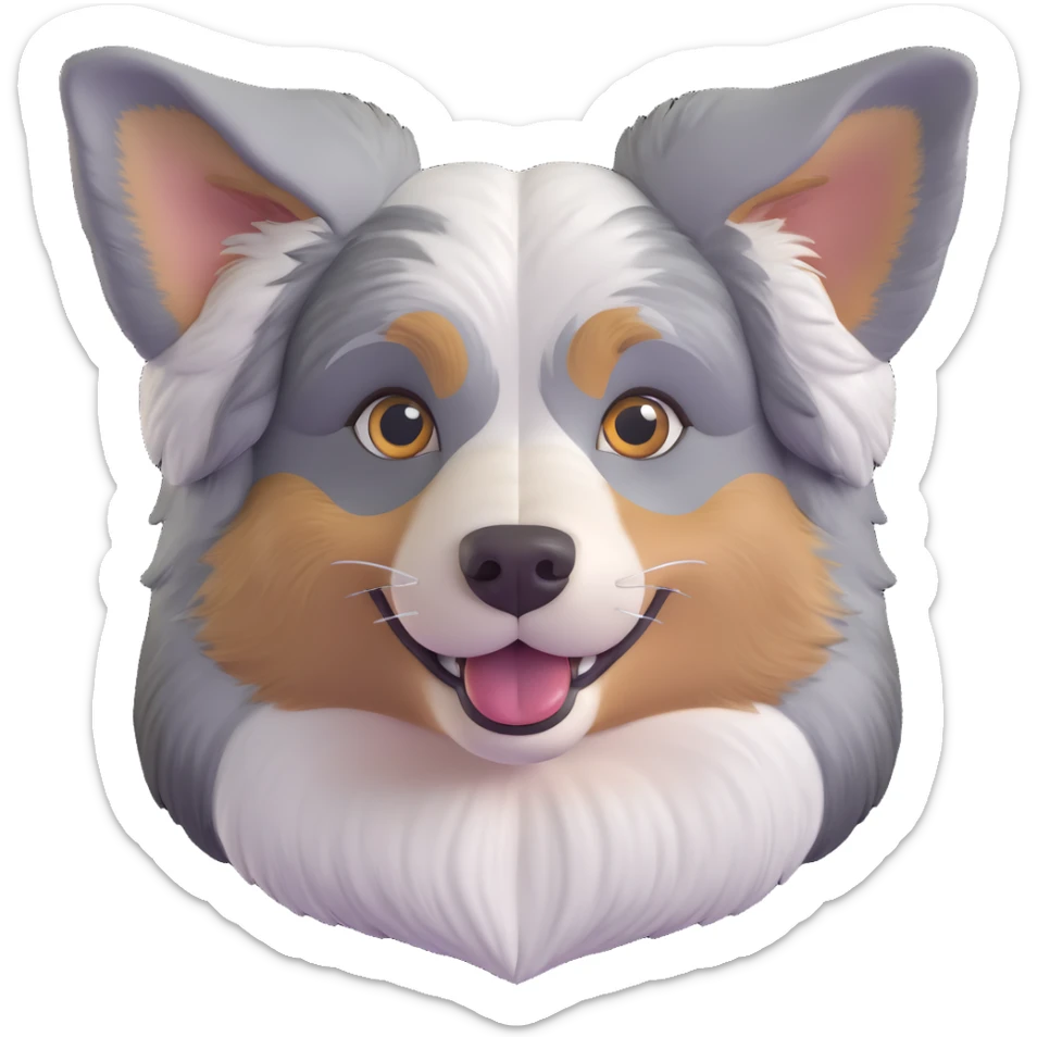 cute close-up of Australian Shepherd dog face, adorable expression, detailed heterochromatic eyes one blue one brown, fluffy merle fur, expressive ears, sweet smile sticker